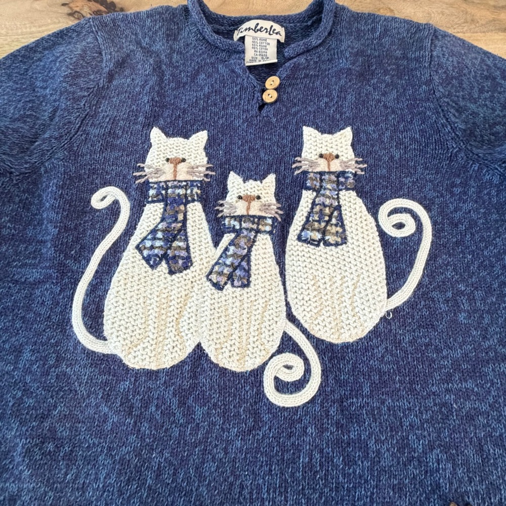 Vintage Timberlea Womens Blue Ramie Cotton Cat Graphic Knit Sweater Small NWT